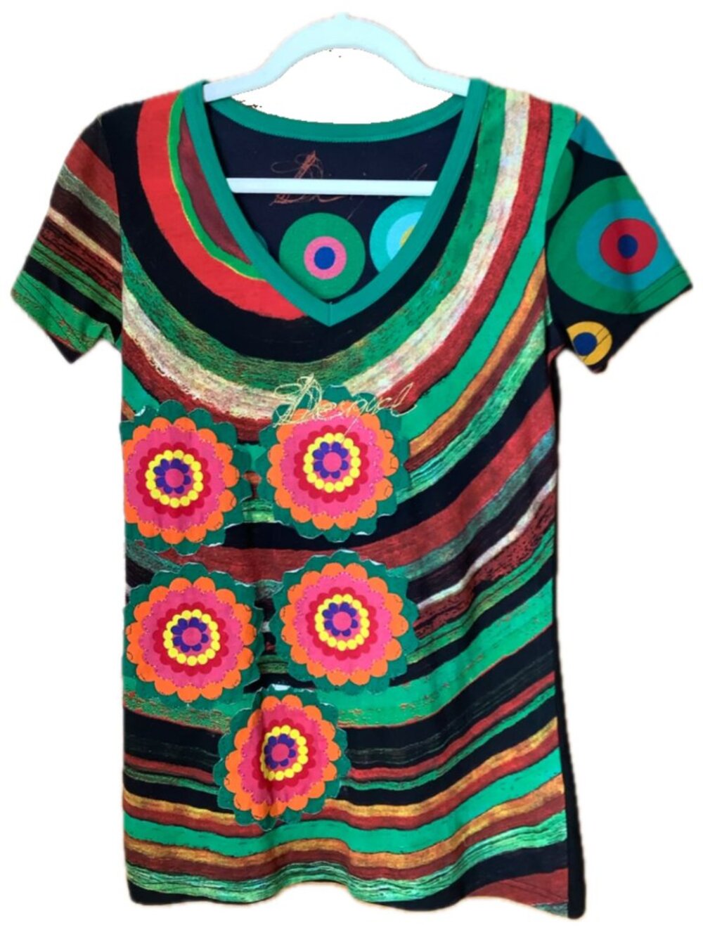 Desigual Floral Stripe V-Neck Tee Shirt Top Black Green Red Multicolour M NWT